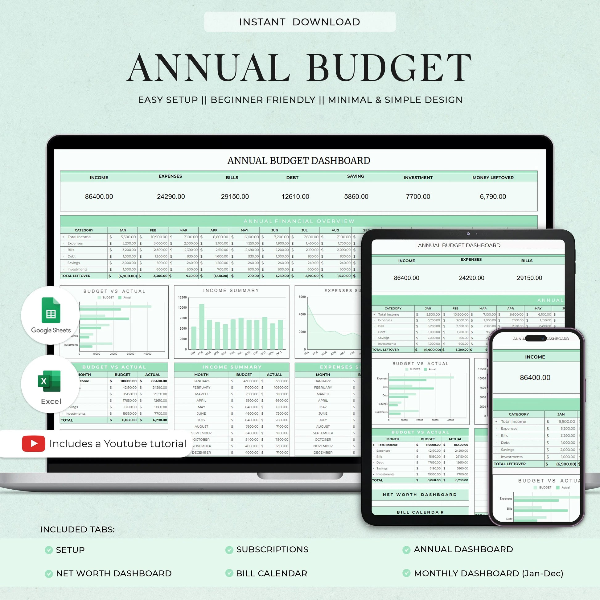 Annual Budget Spreadsheet Template for Google Sheets  & Excel - Design Findable