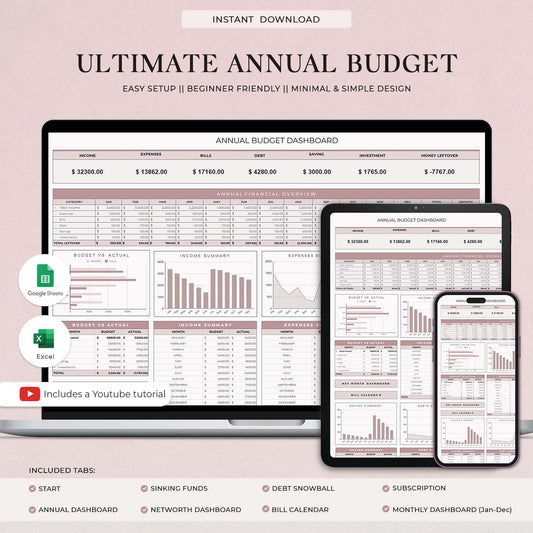 Ultimate Annual Budget Template for Google Sheets and Excel Sheet, Budget Tracker, Budget Spreadsheet, Debt Tracker, Spending Tracker, Budget by Paycheck. - Design Findable