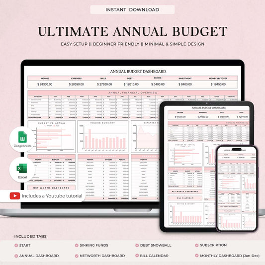 Ultimate Annual Budget Template for Google Sheets and Excel Sheet, Budget Tracker, Budget Spreadsheet, Debt Tracker, Spending Tracker, Budget by Paycheck - Design Findable