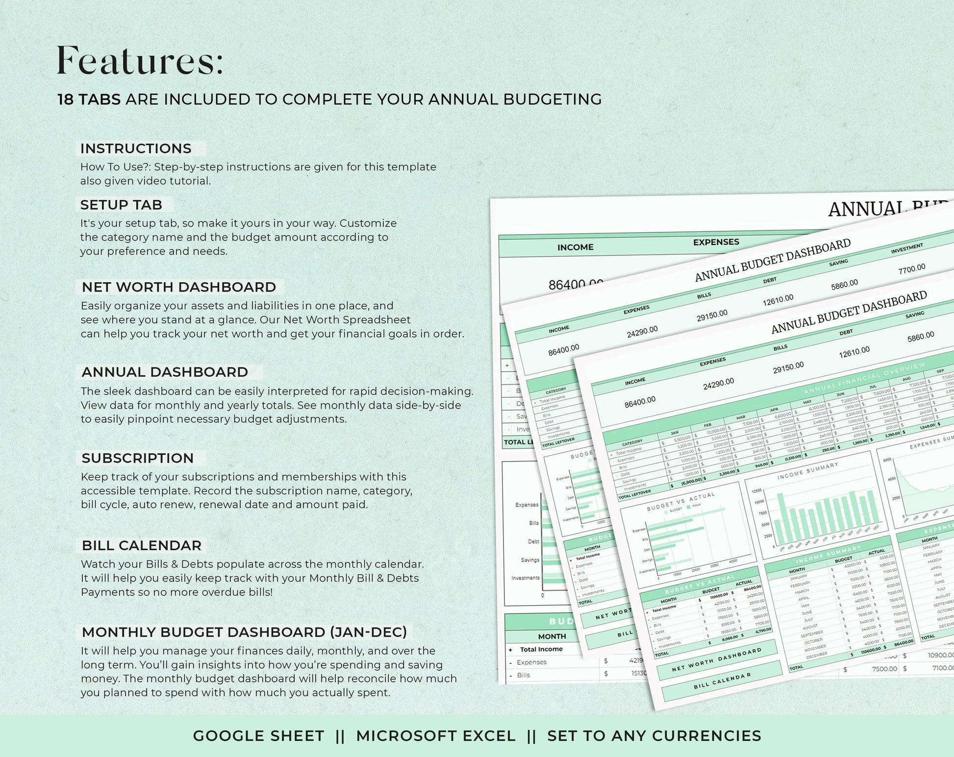 Annual Budget Spreadsheet Template for Google Sheets  & Excel - Design Findable