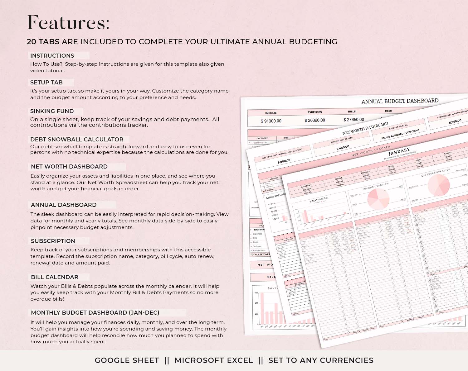 Ultimate Annual Budget Template for Google Sheets and Excel Sheet, Budget Tracker, Budget Spreadsheet, Debt Tracker, Spending Tracker, Budget by Paycheck - Design Findable