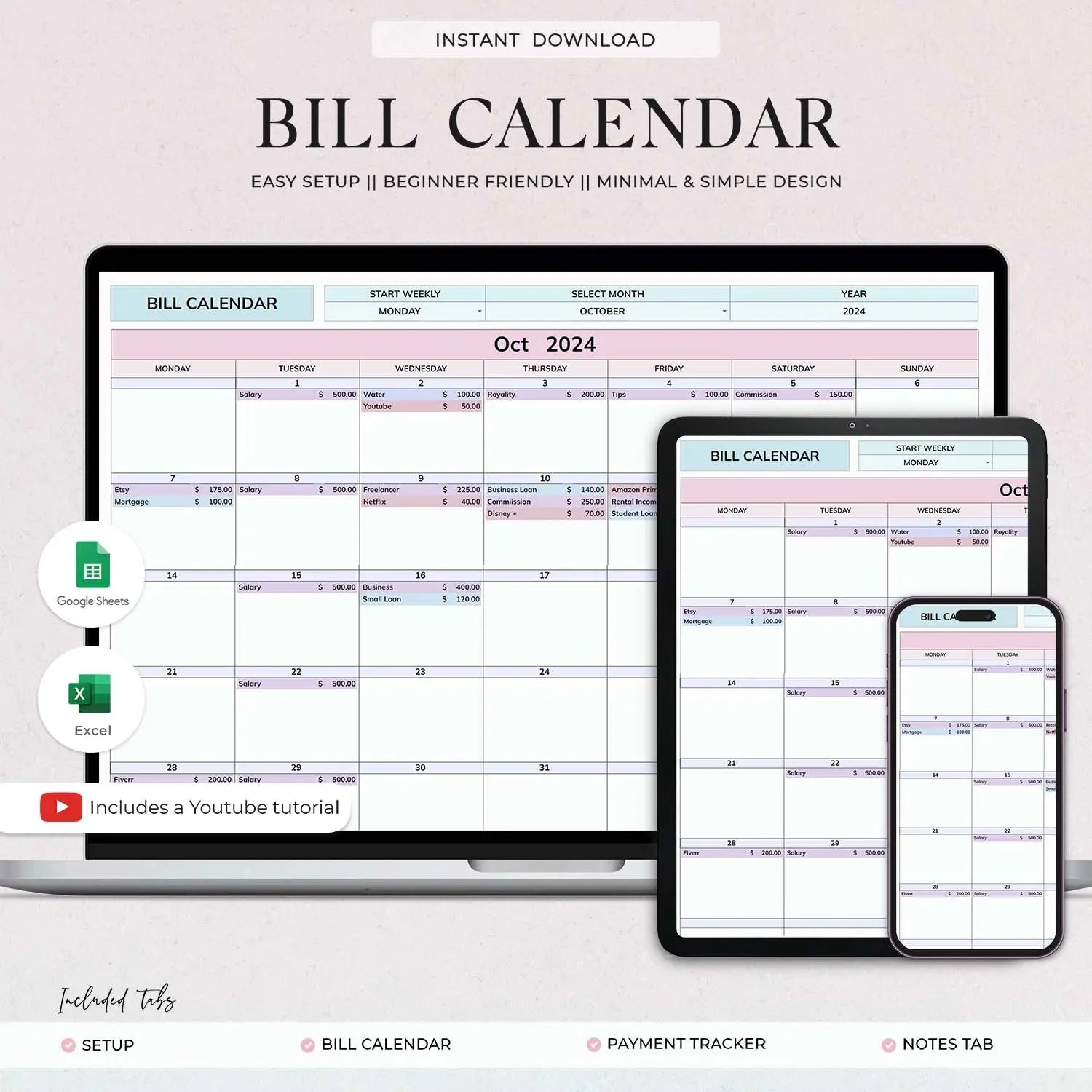 Bill Tracker Spreadsheet, Google Sheets Bill Calendar, Monthly Bill Planner, Bill Payment Dashboard - Design Findable