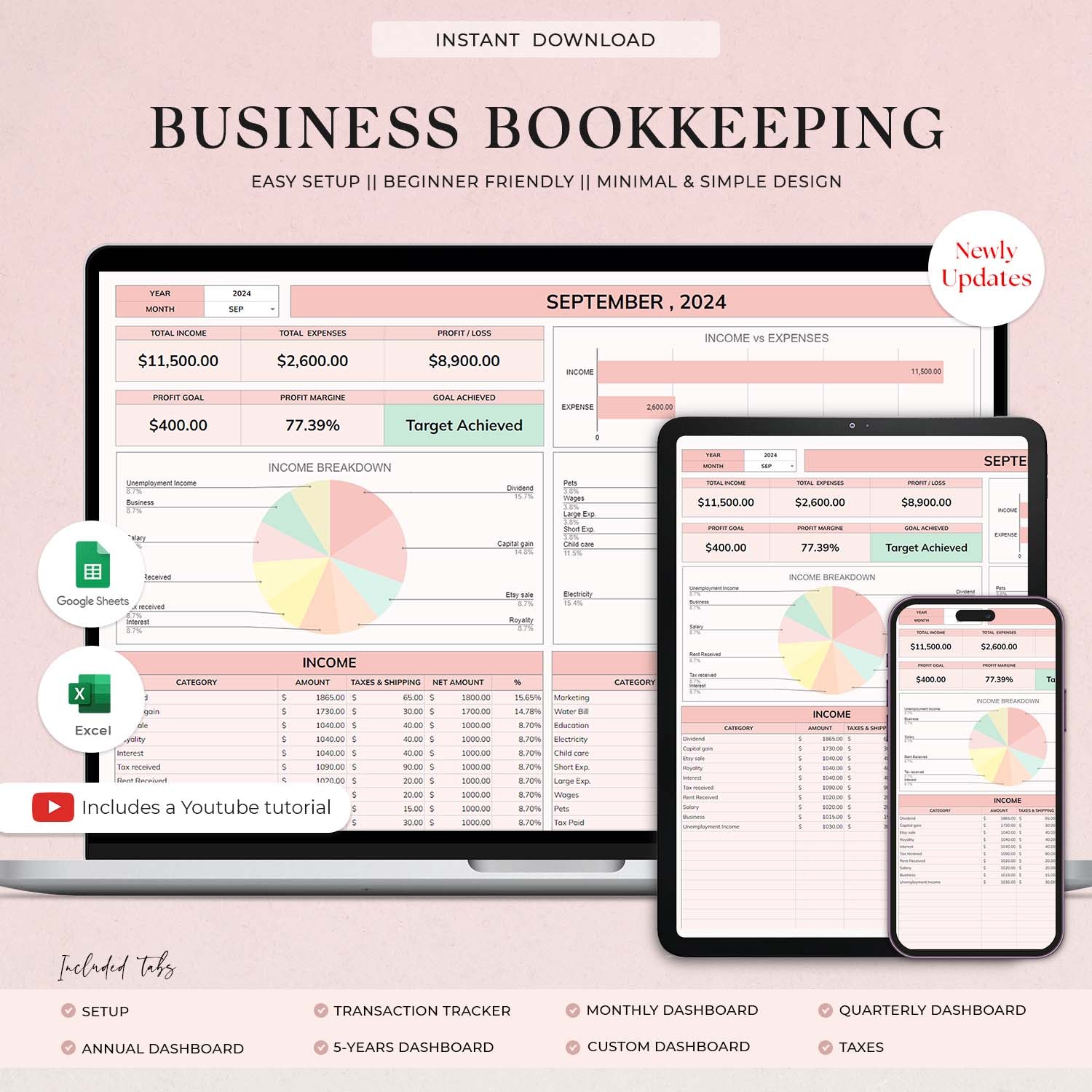 Ultimate Small Business Bookkeeping Spreadsheet, Google Sheet and Excel, Income & Expense Tracker, Sale Tax Tracker, Accounting, Business Tracker - Design Findable