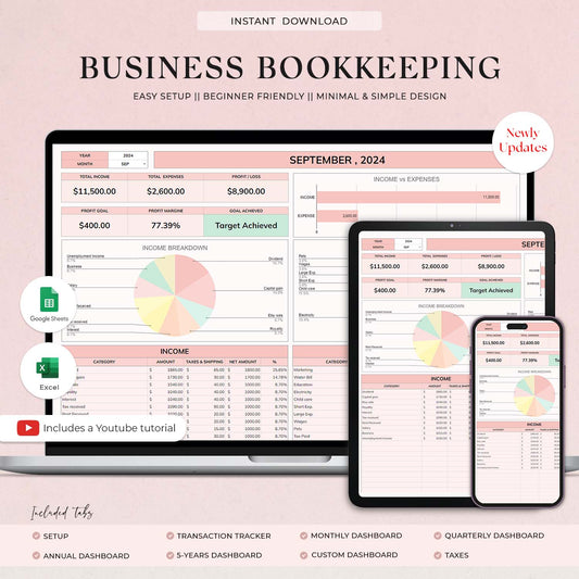 Ultimate Small Business Bookkeeping Spreadsheet, Google Sheet and Excel, Income & Expense Tracker, Sale Tax Tracker, Accounting, Business Tracker - Design Findable