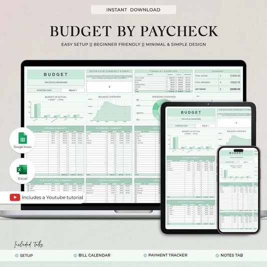 Budget by Paycheck Spreadsheet, Google sheet and Excel Template, Bill Calendar, Weekly Biweekly Financial Planner - Design Findable