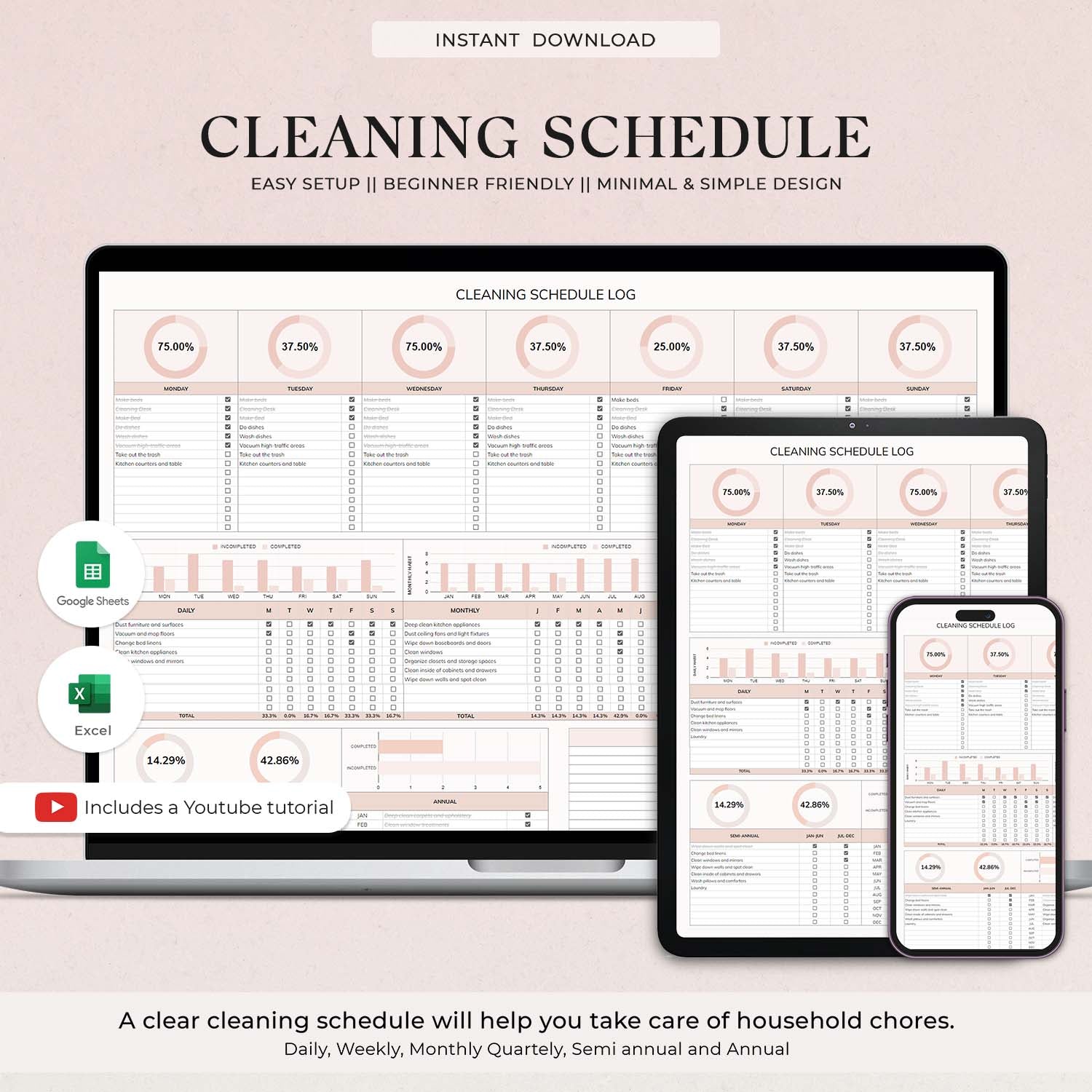 Cleaning Schedule Checklist, Google Sheet and Excel, Cleaning Checklist, Monthly, Yearly Chore Chart, Cleaning Planner, House Chore List - Design Findable