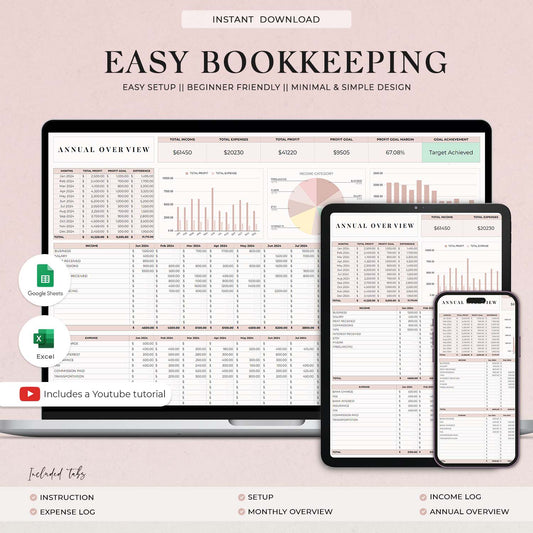 Easy Bookkeeping Template, Small Business Finance Spreadsheet, Income and Expense Tracker, Profit and Loss, Accounting Google Sheets Excel - Design Findable