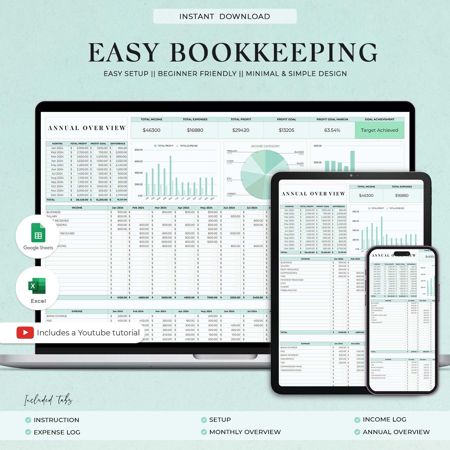 Easy Bookkeeping Template, Small Business Finance Spreadsheet, Income and Expense Tracker, Profit and Loss, Accounting Google Sheets Excel - Design Findable