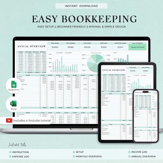 Easy Bookkeeping Template, Small Business Finance Spreadsheet, Income and Expense Tracker, Profit and Loss, Accounting Google Sheets Excel - Design Findable