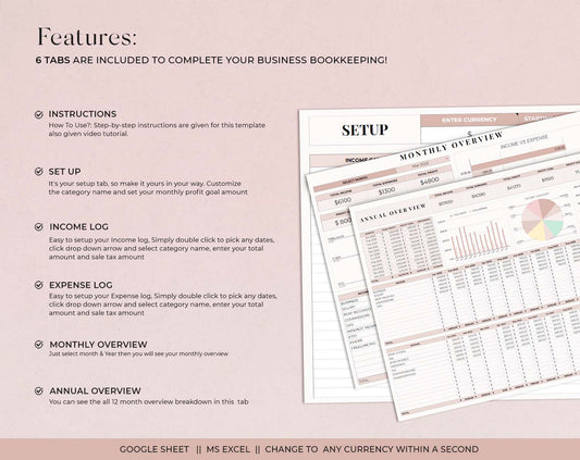 Easy Bookkeeping Template, Small Business Finance Spreadsheet, Income and Expense Tracker, Profit and Loss, Accounting Google Sheets Excel - Design Findable