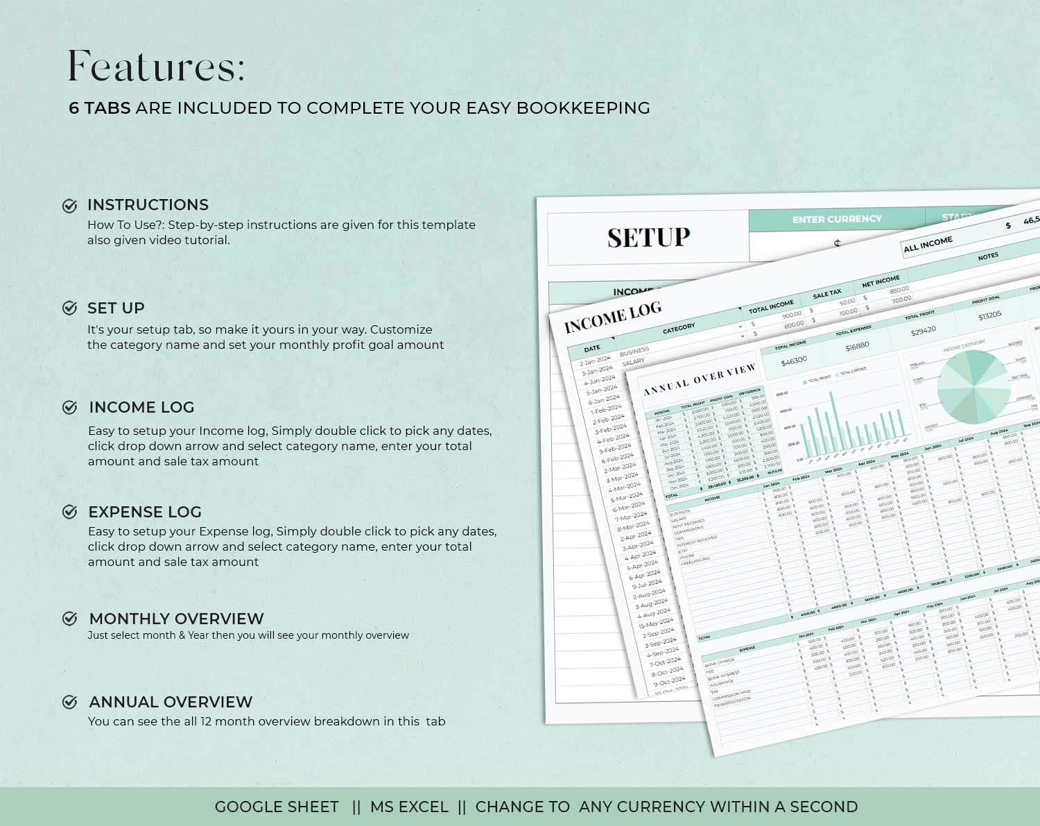 Easy Bookkeeping Template, Small Business Finance Spreadsheet, Income and Expense Tracker, Profit and Loss, Accounting Google Sheets Excel - Design Findable