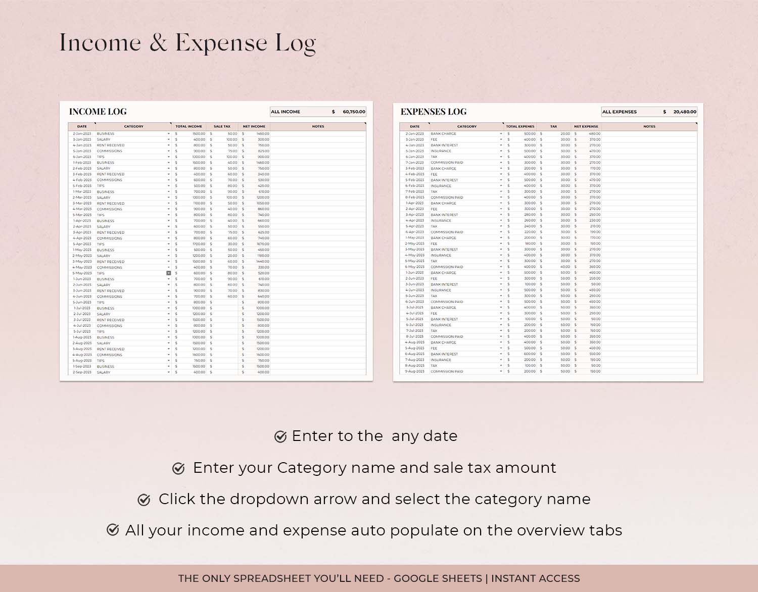 Easy Bookkeeping Template, Small Business Finance Spreadsheet, Income and Expense Tracker, Profit and Loss, Accounting Google Sheets Excel - Design Findable