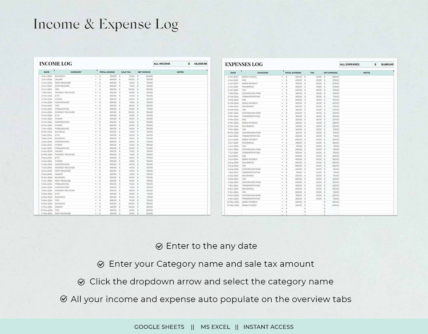 Easy Bookkeeping Template, Small Business Finance Spreadsheet, Income and Expense Tracker, Profit and Loss, Accounting Google Sheets Excel - Design Findable