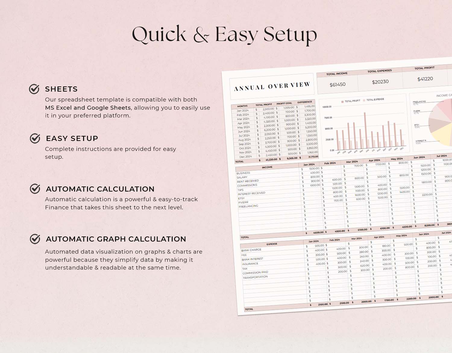 Easy Bookkeeping Template, Small Business Finance Spreadsheet, Income and Expense Tracker, Profit and Loss, Accounting Google Sheets Excel - Design Findable