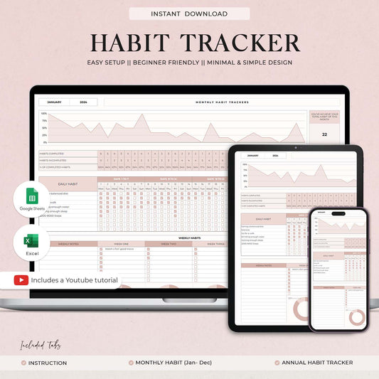 Habit Tracker Spreadsheet Template for Google Sheets & MS Excel, Monthly, Weekly, Daily Tracker, Daily To Do List, Goal Planner, Goal Tracker - Design Findable