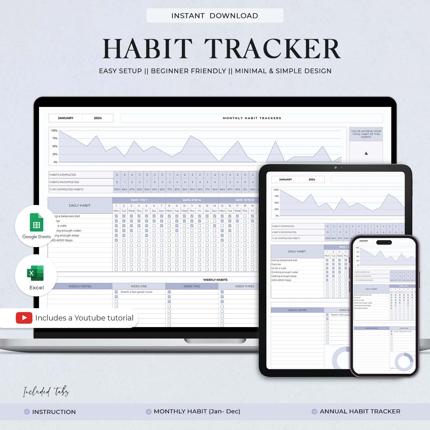 Habit Tracker Spreadsheet Template for Google Sheets & MS Excel, Monthly, Weekly, Daily Tracker, Daily To Do List, Goal Planner, Goal Tracker - Design Findable