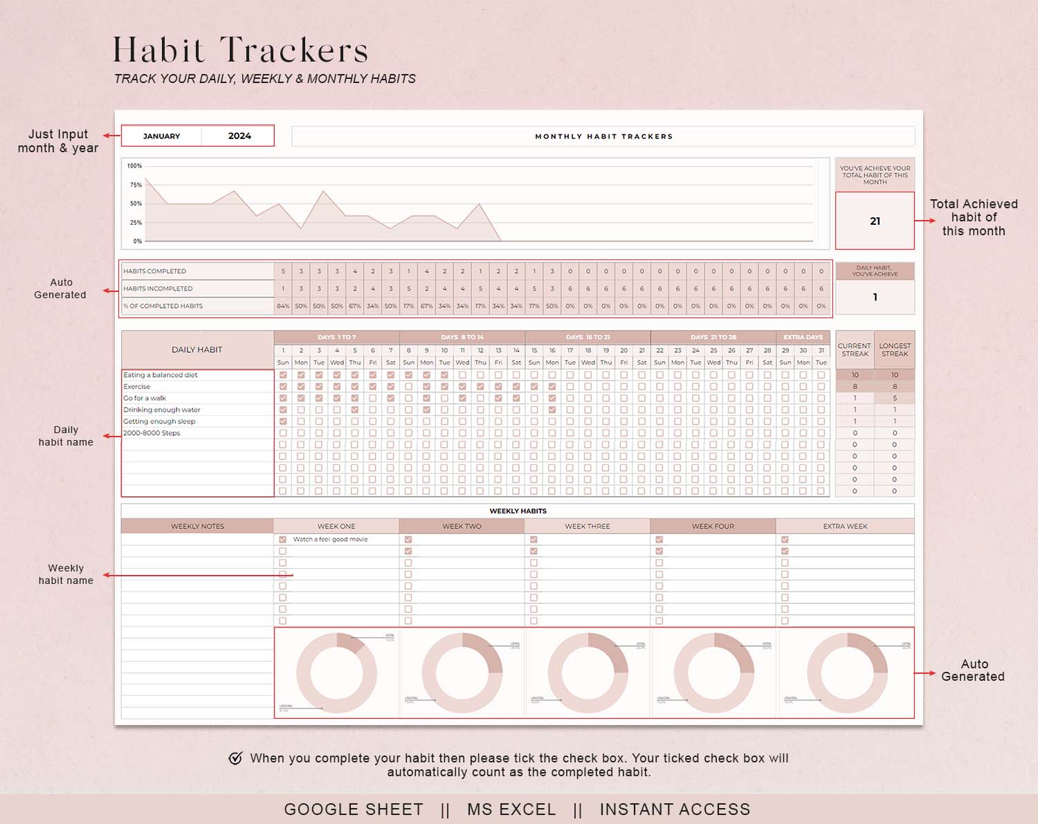 Habit Tracker Spreadsheet Template for Google Sheets & MS Excel, Monthly, Weekly, Daily Tracker, Daily To Do List, Goal Planner, Goal Tracker - Design Findable