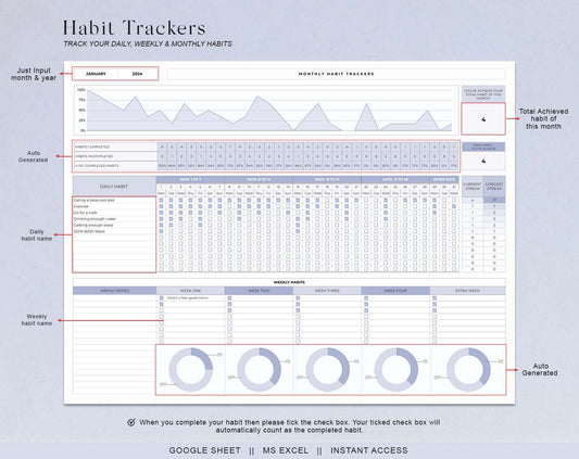 Habit Tracker Spreadsheet Template for Google Sheets & MS Excel, Monthly, Weekly, Daily Tracker, Daily To Do List, Goal Planner, Goal Tracker - Design Findable