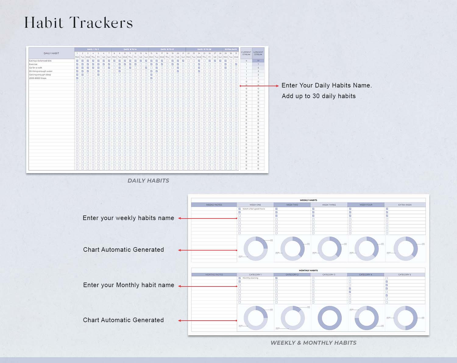 Habit Tracker Spreadsheet Template for Google Sheets & MS Excel, Monthly, Weekly, Daily Tracker, Daily To Do List, Goal Planner, Goal Tracker - Design Findable