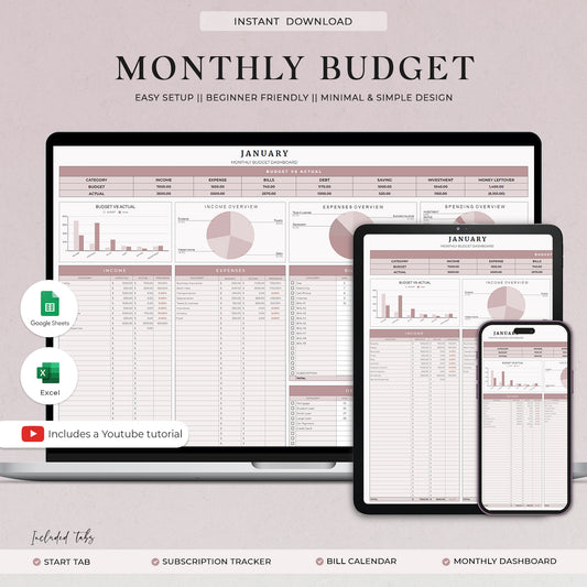 Monthly Budget Spreadsheet Google Sheets Excel Template Financial Planner Debt Snowball Sinking Funds Subscription Tracker Income - Design Findable