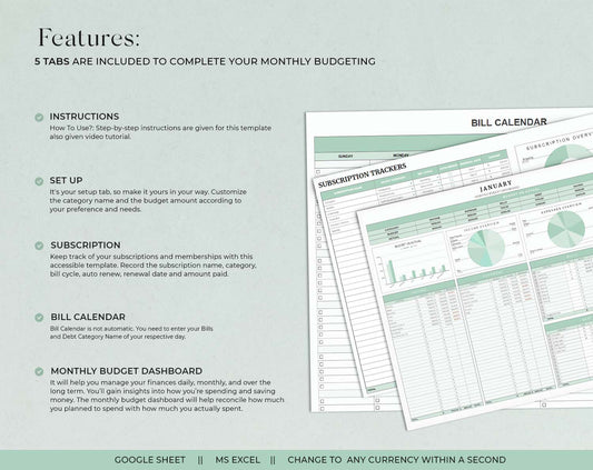 Monthly Budget Spreadsheet Google Sheets Excel Template Financial Planner Debt Snowball Sinking Funds Subscription Tracker Income - Design Findable