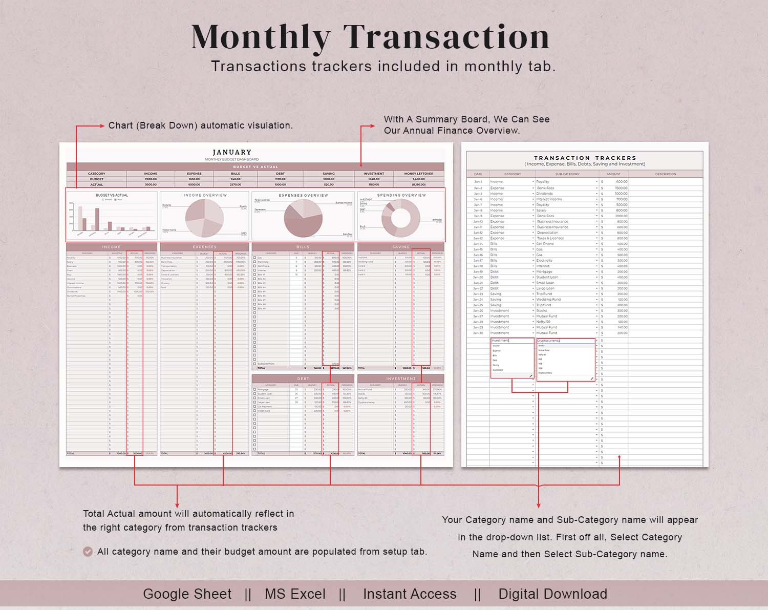 Monthly Budget Spreadsheet Google Sheets Excel Template Financial Planner Debt Snowball Sinking Funds Subscription Tracker Income - Design Findable