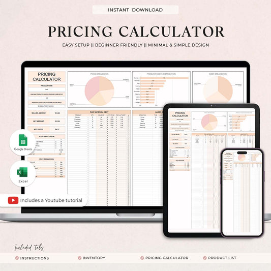 Pricing Calculator for Small Business Google Sheets Excel Business Tracker Handmade Products Pricing Template Profit Margin Pricing Guide - Design Findable