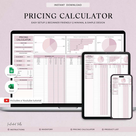 Pricing Calculator for Small Business Google Sheets Excel Business Tracker Handmade Products Pricing Template Profit Margin Pricing Guide - Design Findable