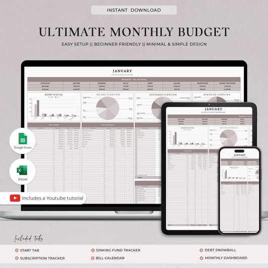 Ultimate Monthly Budget Spreadsheet Google Sheets Excel Template Financial Planner Debt Snowball Sinking Funds Subscription Tracker Income, Budget Tracker, Expense Tracker - Design Findable