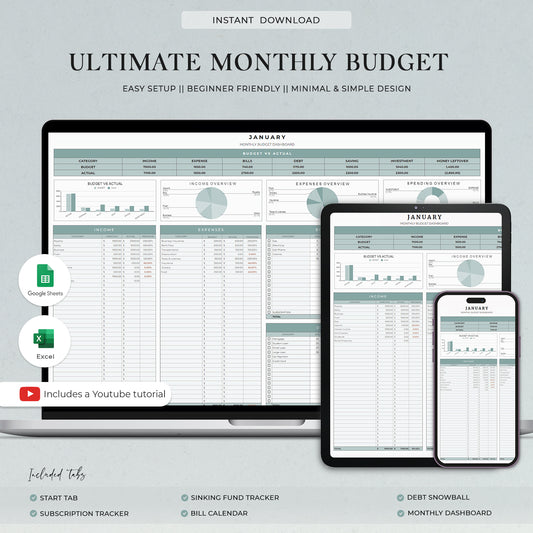 Ultimate Monthly Budget Spreadsheet Google Sheets Excel Template Financial Planner Debt Snowball Sinking Funds Subscription Tracker Income, Budget Tracker, Expense Tracker - Design Findable