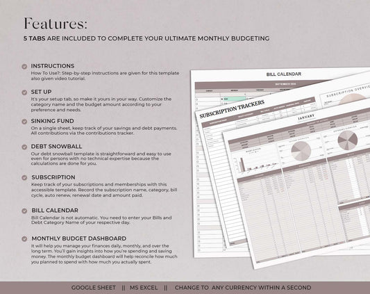 Ultimate Monthly Budget Spreadsheet Google Sheets Excel Template Financial Planner Debt Snowball Sinking Funds Subscription Tracker Income, Budget Tracker, Expense Tracker - Design Findable