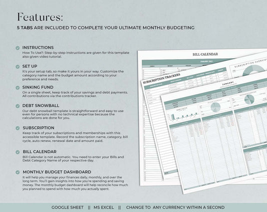 Ultimate Monthly Budget Spreadsheet Google Sheets Excel Template Financial Planner Debt Snowball Sinking Funds Subscription Tracker Income, Budget Tracker, Expense Tracker - Design Findable