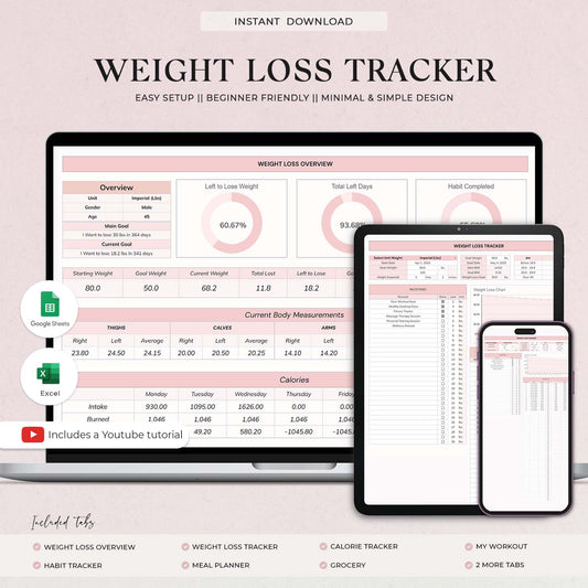 Weight Loss Tracker Spreadsheet for Google Sheets and MS Excel Sheet, Weight Loss Planner, Daily Weekly Weigh-in Chart, Body Measurement Log, Weight Journal - Design Findable