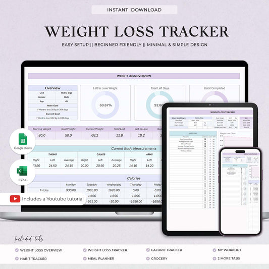 Weight Loss Tracker Spreadsheet for Google Sheets and MS Excel Sheet, Weight Loss Planner, Daily Weekly Weigh-in Chart, Body Measurement Log, Weight Journal - Design Findable