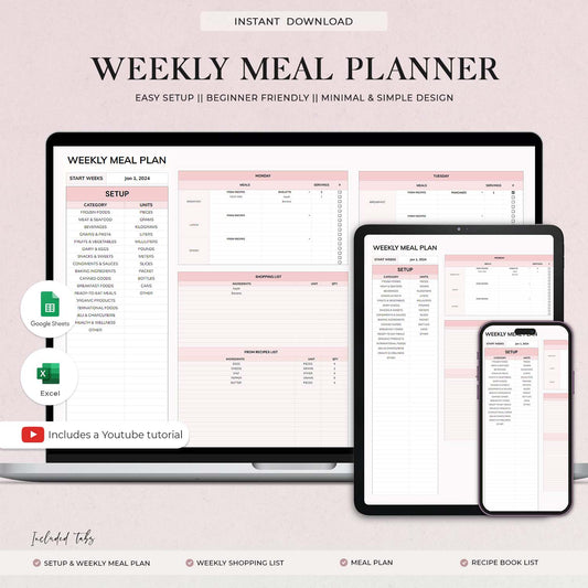 Weekly Meal Planner and Grocery List | Google Sheets Digital Template | Automated Shopping List | Food Prep | Excel Digital Meal Planner - Design Findable