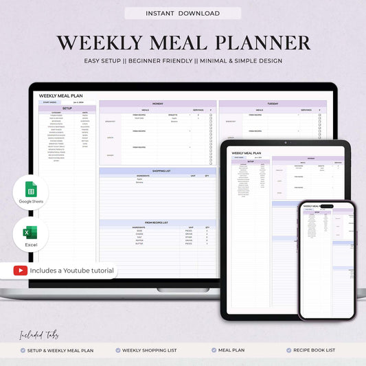 Weekly Meal Planner and Grocery List | Google Sheets Digital Template | Automated Shopping List | Food Prep | Excel Digital Meal Planner - Design Findable