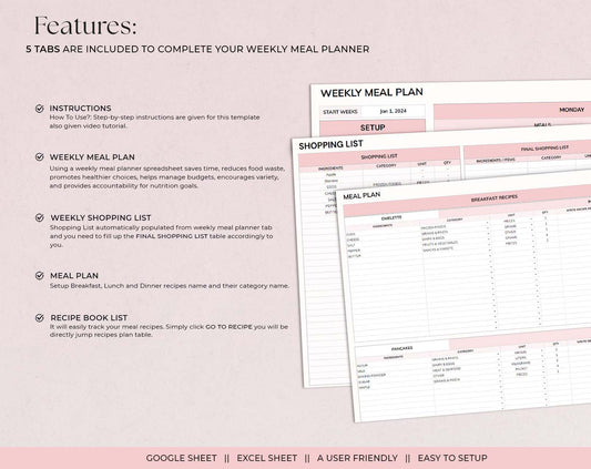 Weekly Meal Planner and Grocery List | Google Sheets Digital Template | Automated Shopping List | Food Prep | Excel Digital Meal Planner - Design Findable