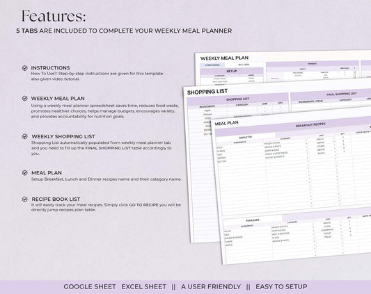 Weekly Meal Planner and Grocery List | Google Sheets Digital Template | Automated Shopping List | Food Prep | Excel Digital Meal Planner - Design Findable