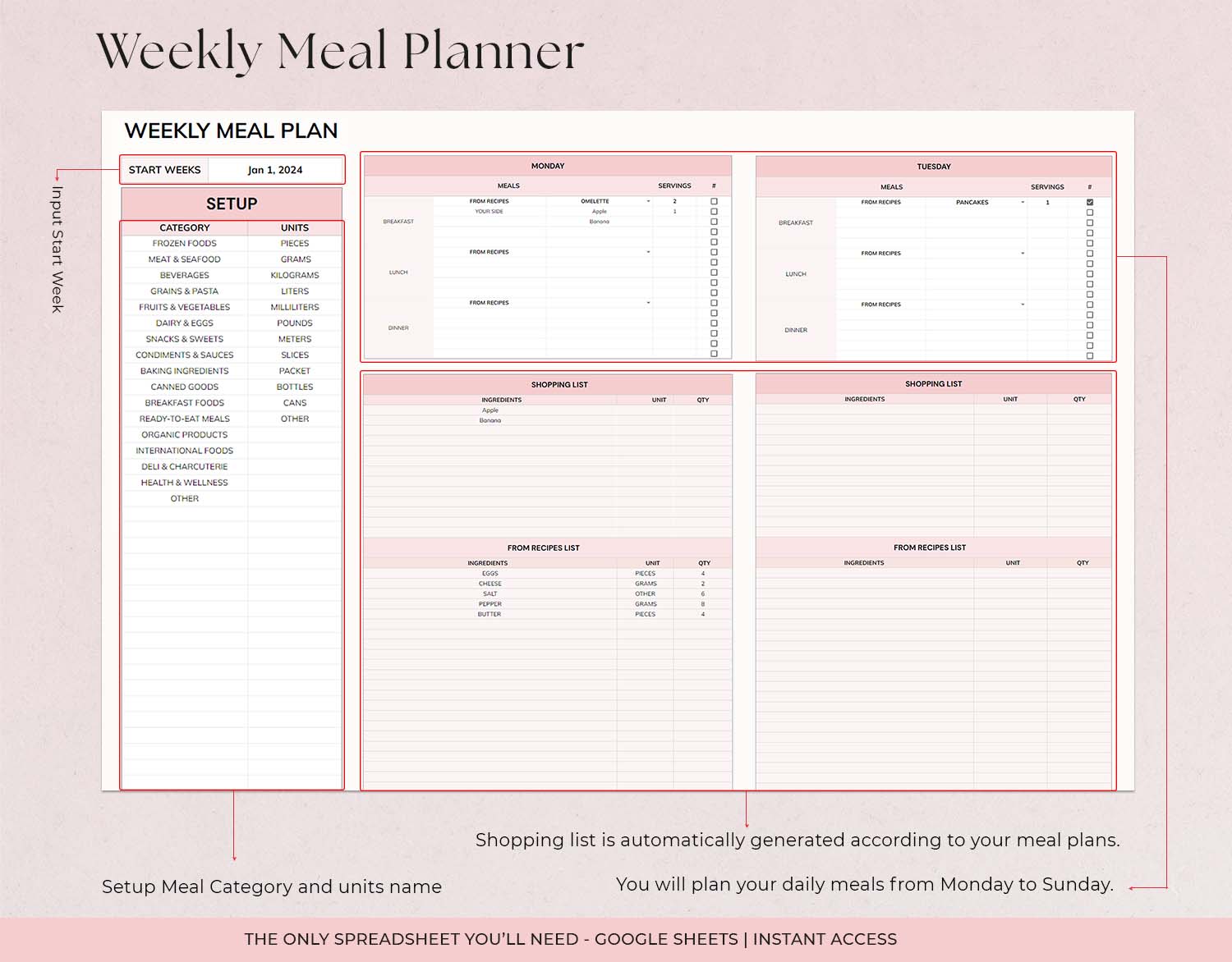 Weekly Meal Planner and Grocery List | Google Sheets Digital Template | Automated Shopping List | Food Prep | Excel Digital Meal Planner - Design Findable