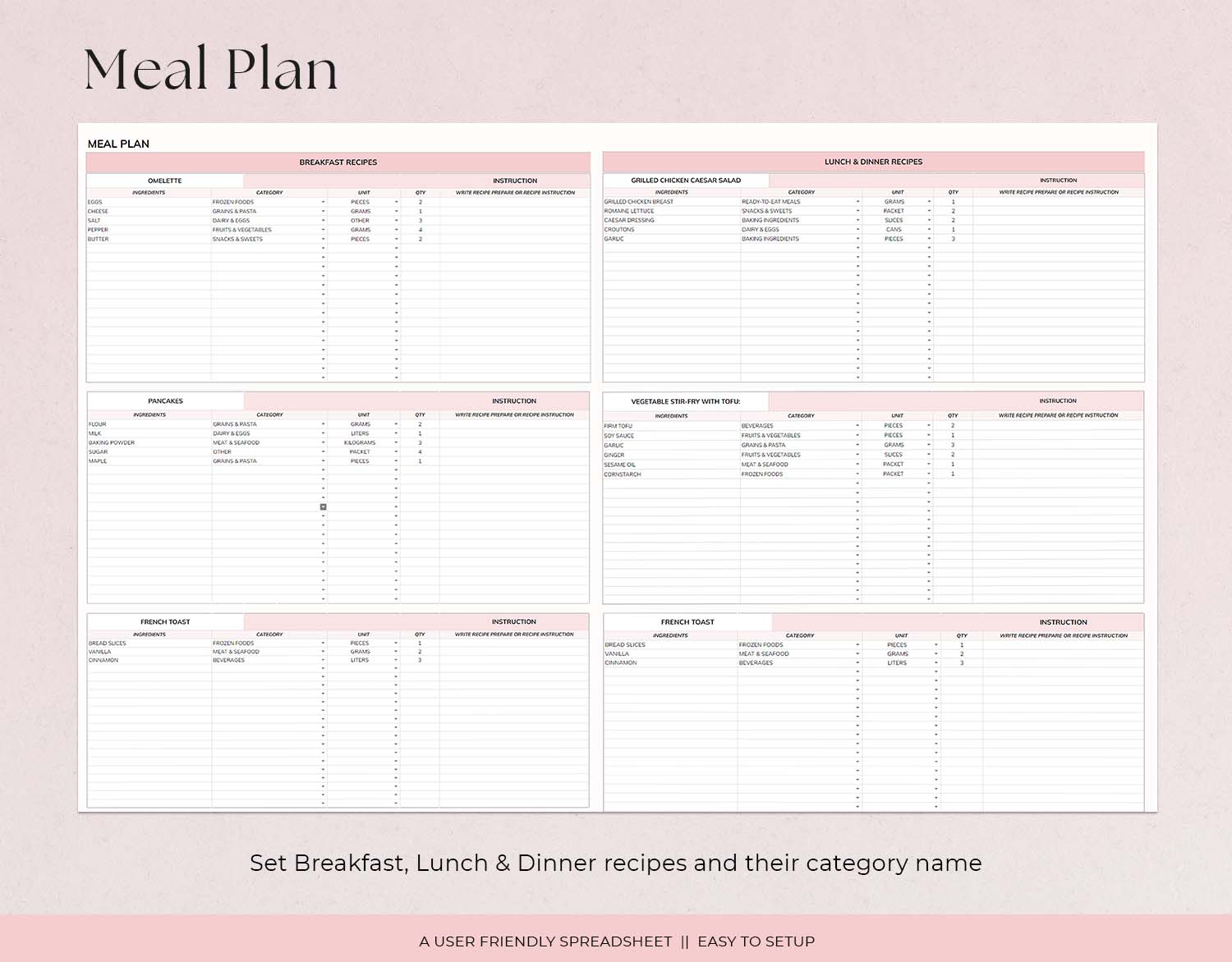 Weekly Meal Planner and Grocery List | Google Sheets Digital Template | Automated Shopping List | Food Prep | Excel Digital Meal Planner - Design Findable